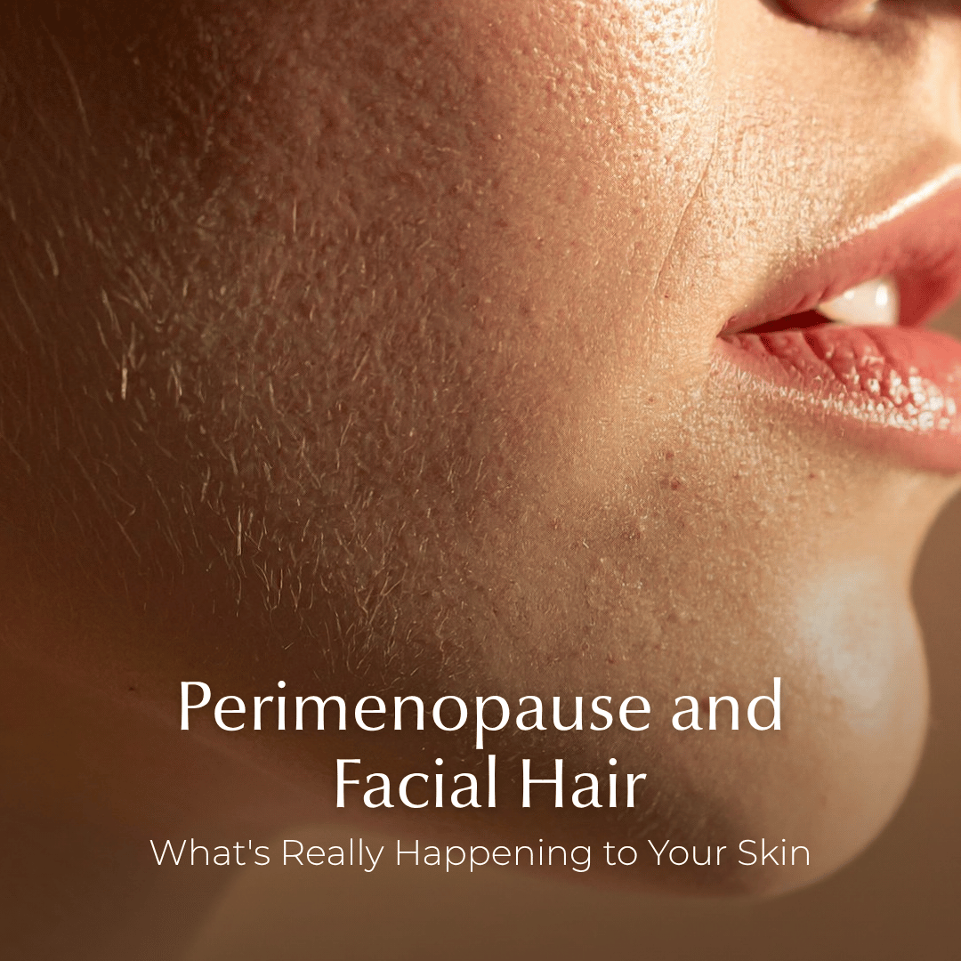 Woman with facial hair through perimenopause and using a metal dermaplaner to remove it.