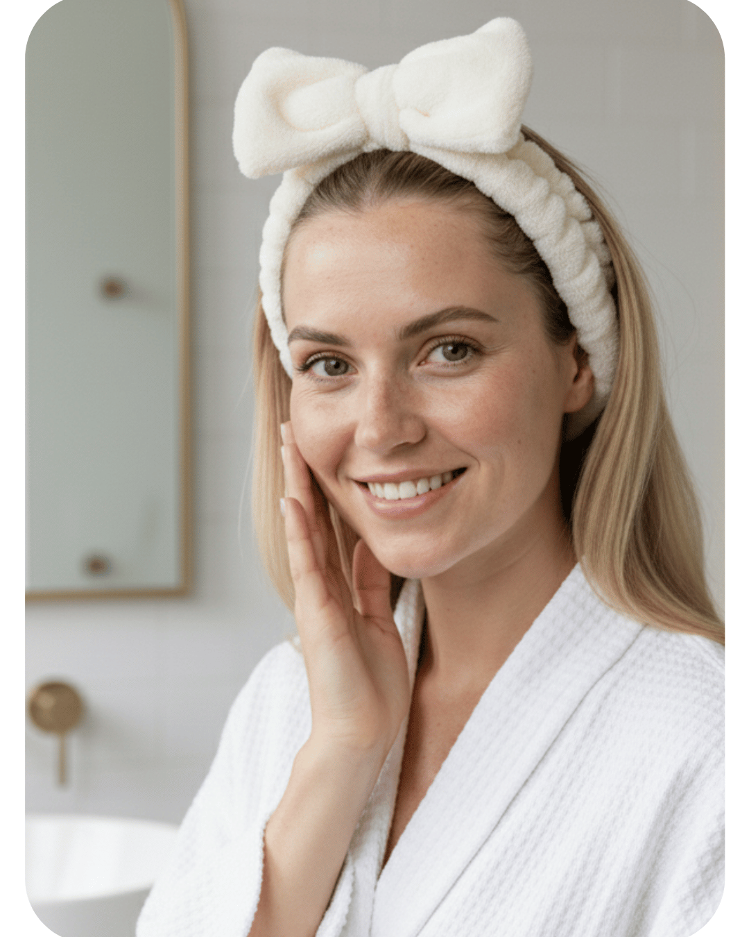 Woman wearing a white robe and Cream-coloured Dermaplane Prep Band with a bow in a bathroom setting
