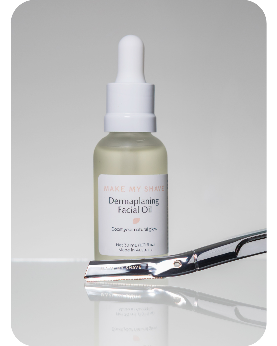 Dermaplaning Facial Oil and Platinum-Glow Metal Dermaplaner by Make My Shave.