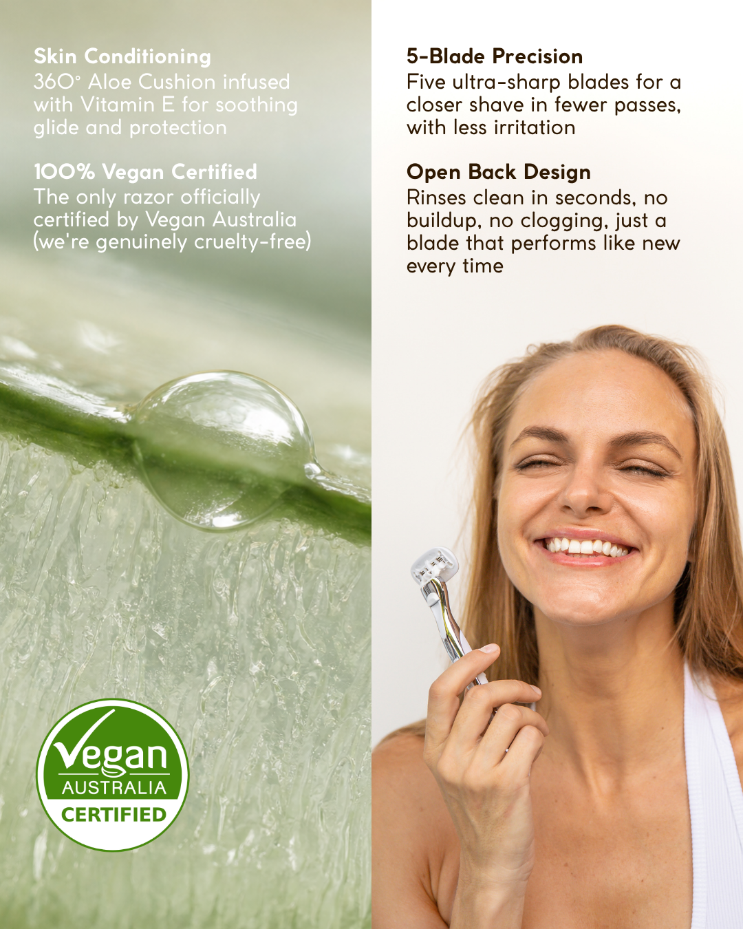 A promotional graphic for a women's razor featuring a smiling woman holding the metal reusable razor the right, with text callouts about skin conditioning, 5-blade precision, open back design, and a Vegan Australia certification badge on the left over a close-up of a green aloe leaf with a water droplet.