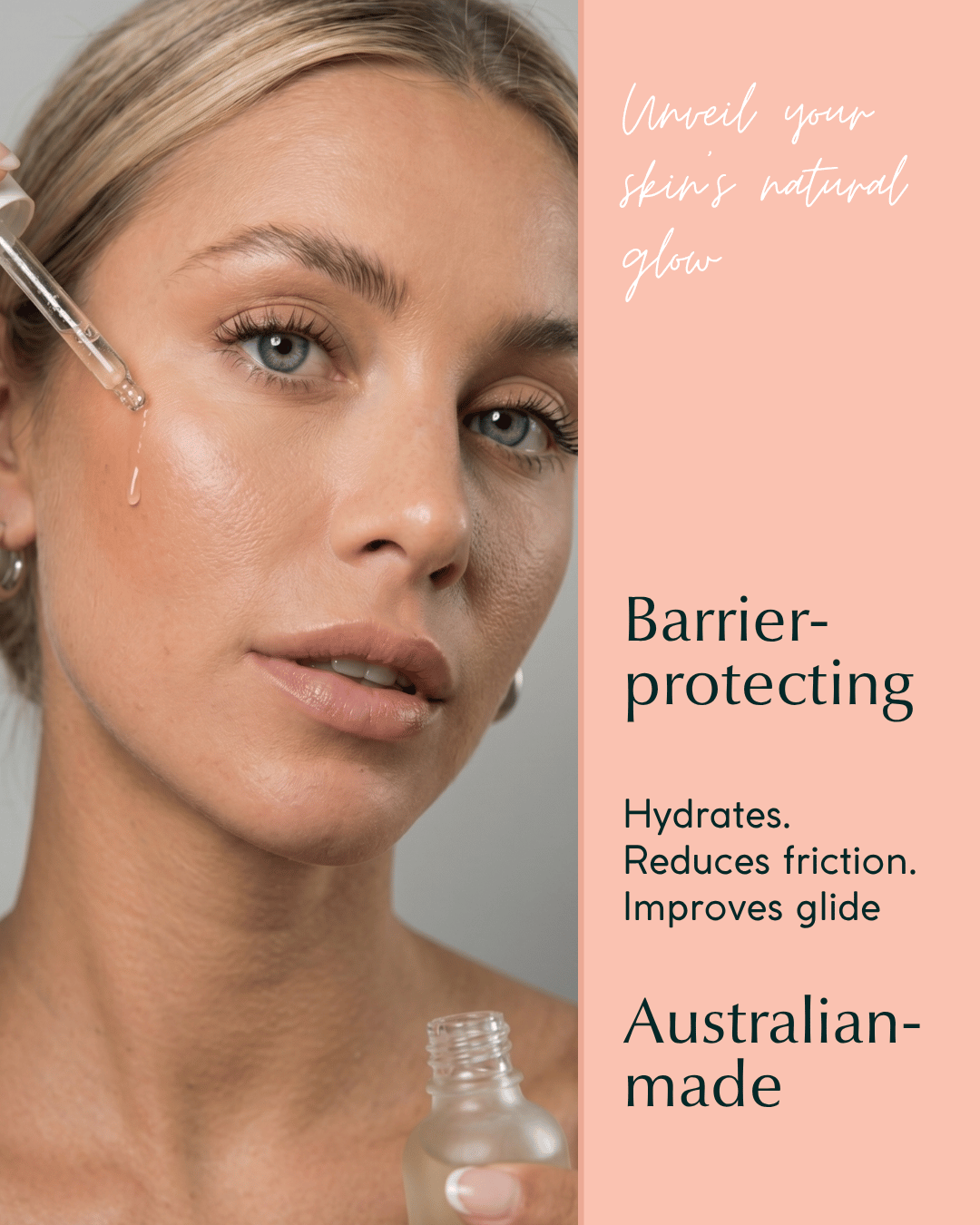 Woman applying dermaplaning facial oil with dropper, text about barrier-protecting and hydrating.