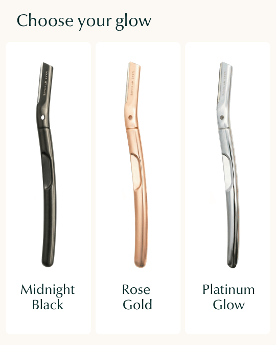 Three dermaplaning tools razors shown vertically on a light beige background with text labels: Midnight Black, Rose Gold, and Platinum Glow.