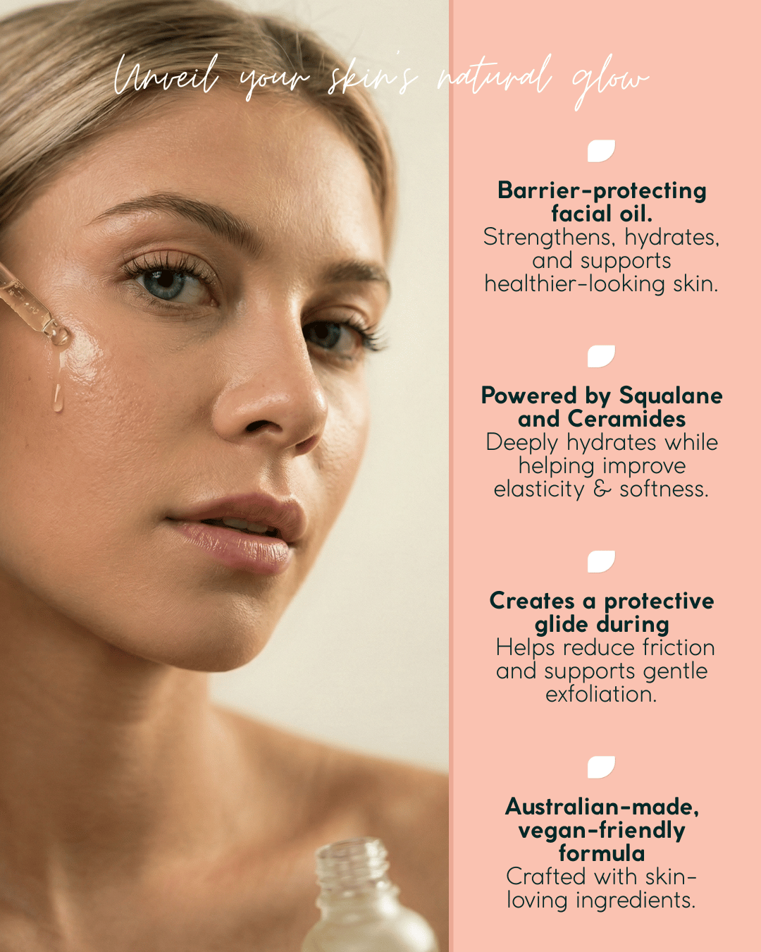 Woman with dermaplaning facial oil on face, pink background with text about the oilplaning set by Make My Shave