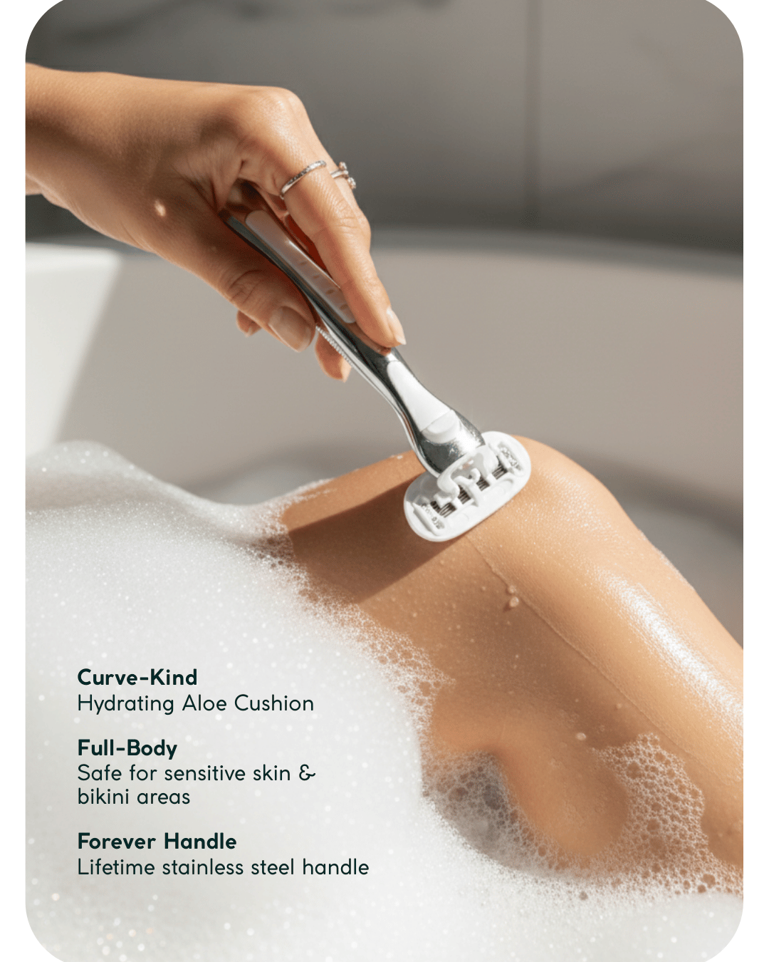 Make My Shave Razor Subscription being used to shave a women's leg. Highlighting the benefits of the razor including curve-kind, full body razor and the forever handle.
