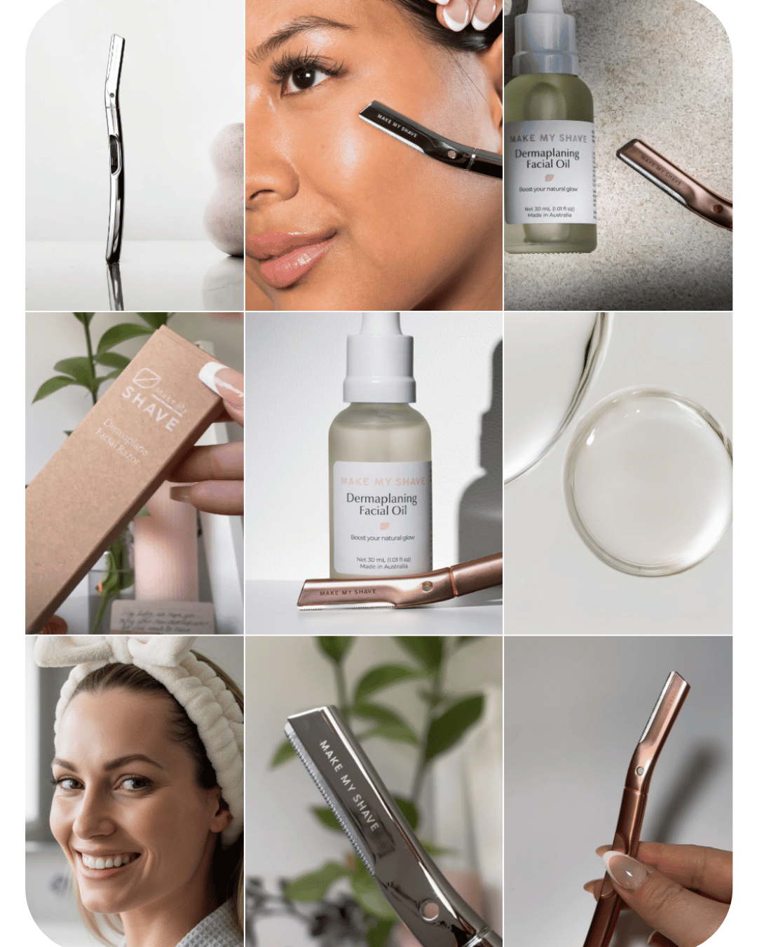 Collage of Australia's best dermaplaning tools and facial oil with a woman using them.