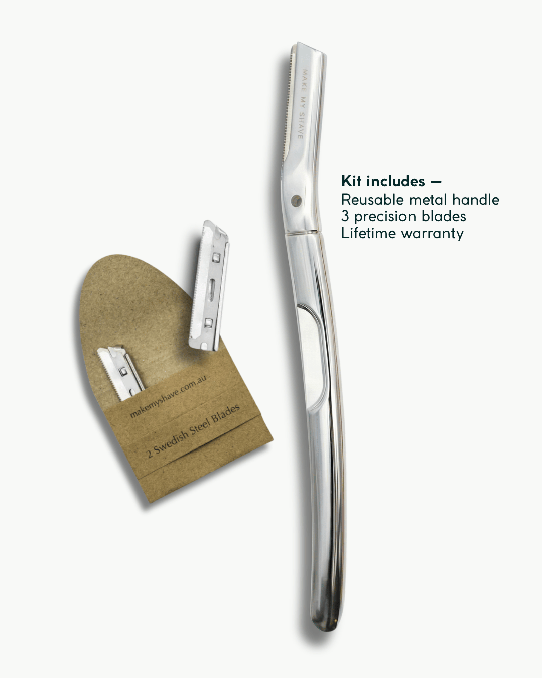 Metal dermaplaning tool with Make My Shave branding and extra blades on a white background.