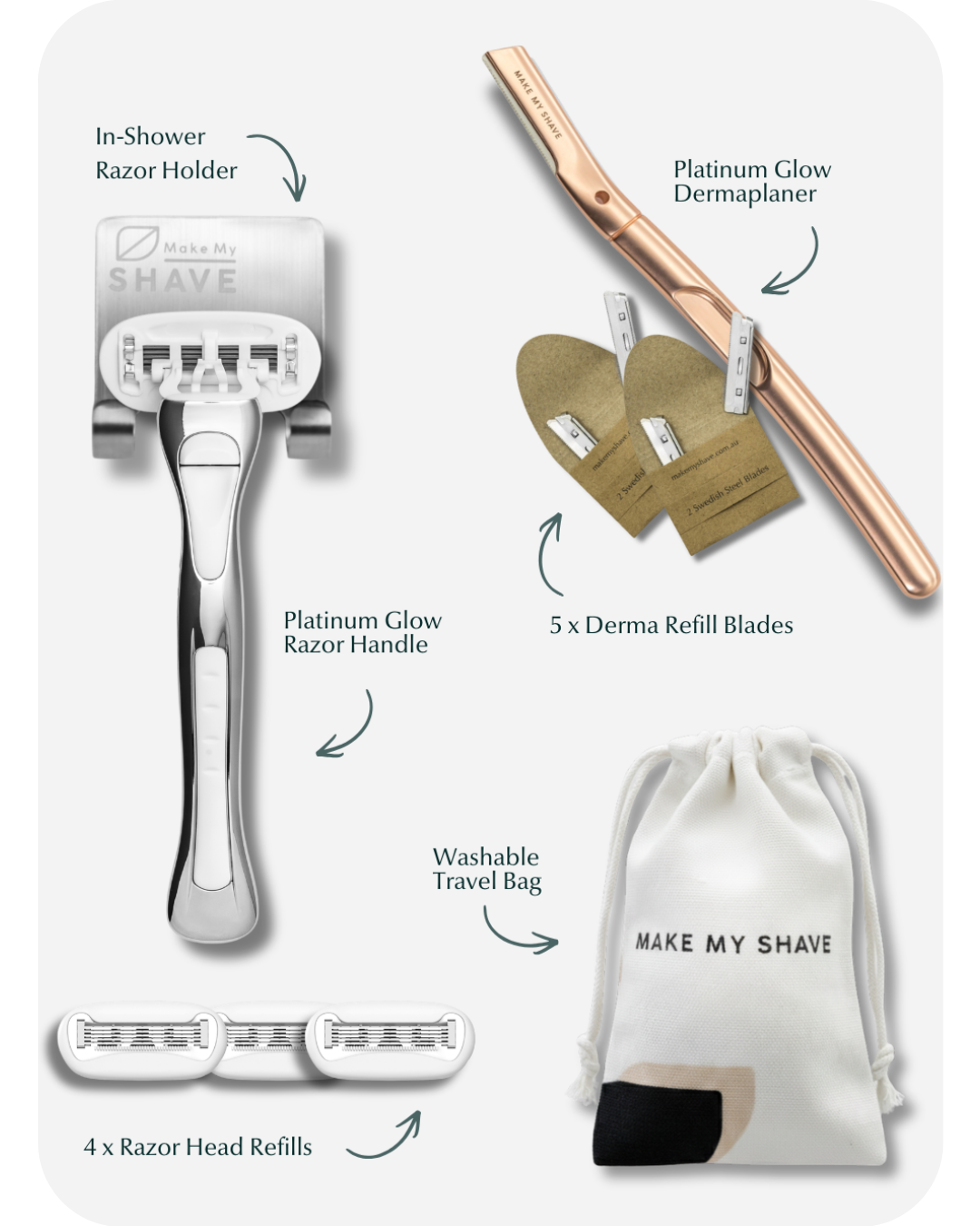 Make My Shave grooming kit with razor, dermaplaner, and accessories on a white background