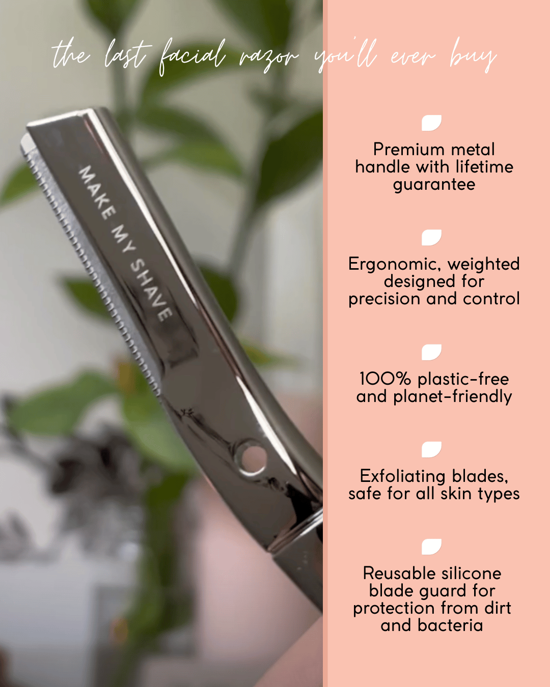 Close up of exfoliating blade for metal dermaplaning tool with Make My Shave logo.