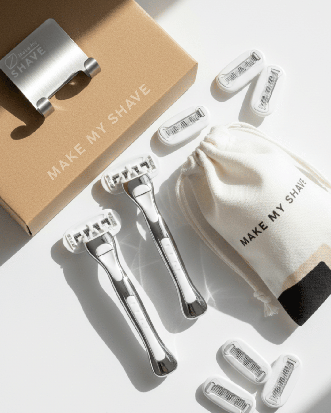 Annual women's shave kit Australia with reusable razors and packaging on a white background.