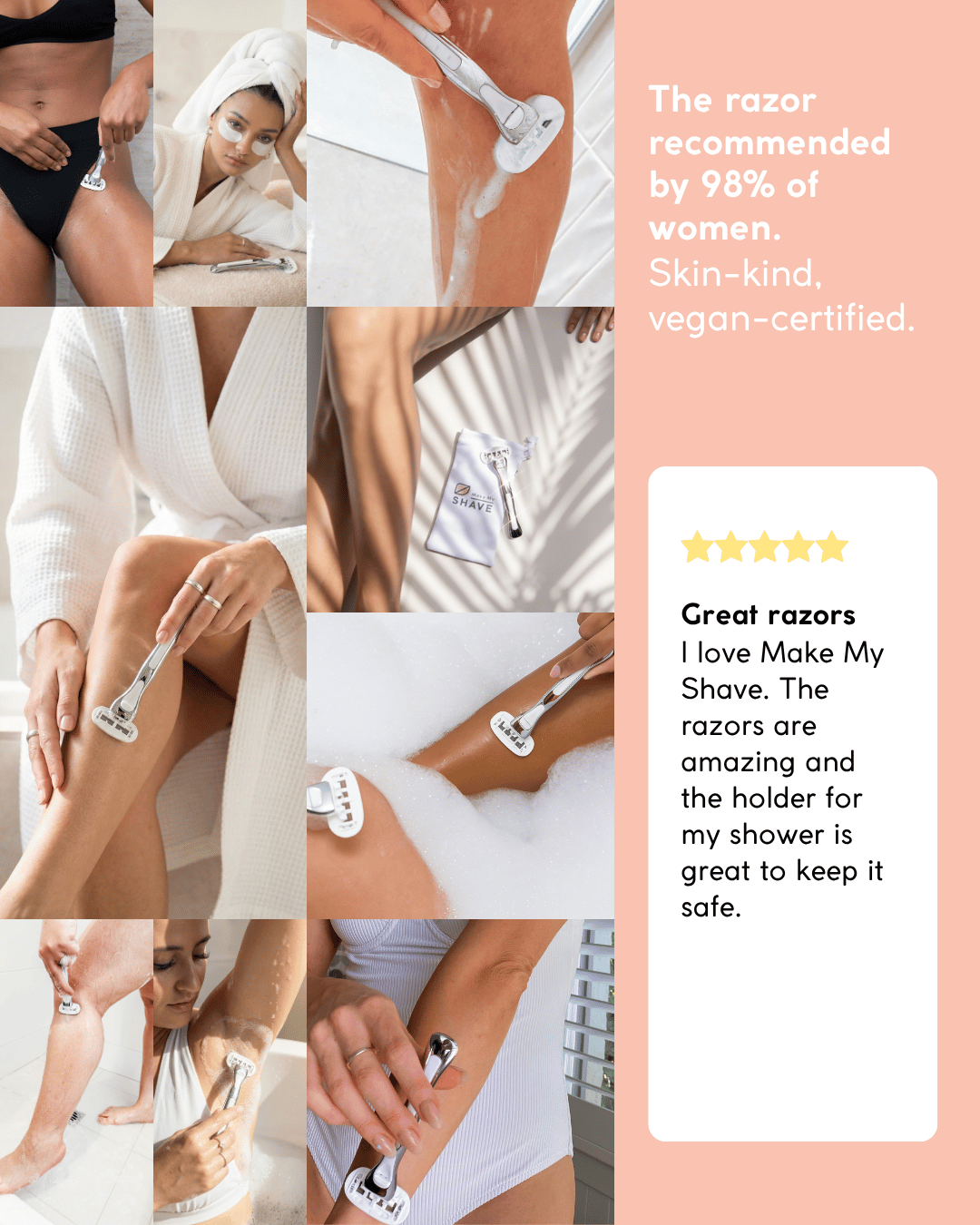 A promotional collage for a women's razor brand in Australia featuring multiple close-up photos of women shaving legs, arms and bikini line, alongside text on the right that says 'The razor recommended by 98% of women. Skin-kind, vegan-certified.