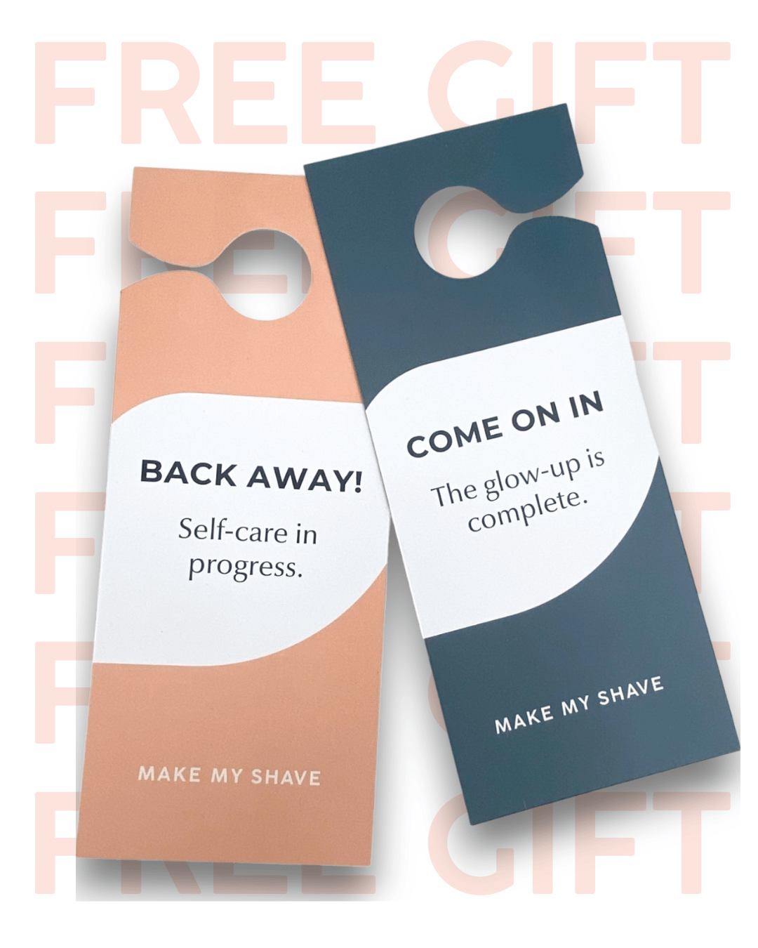 Two door hangers with humorous text on a white background