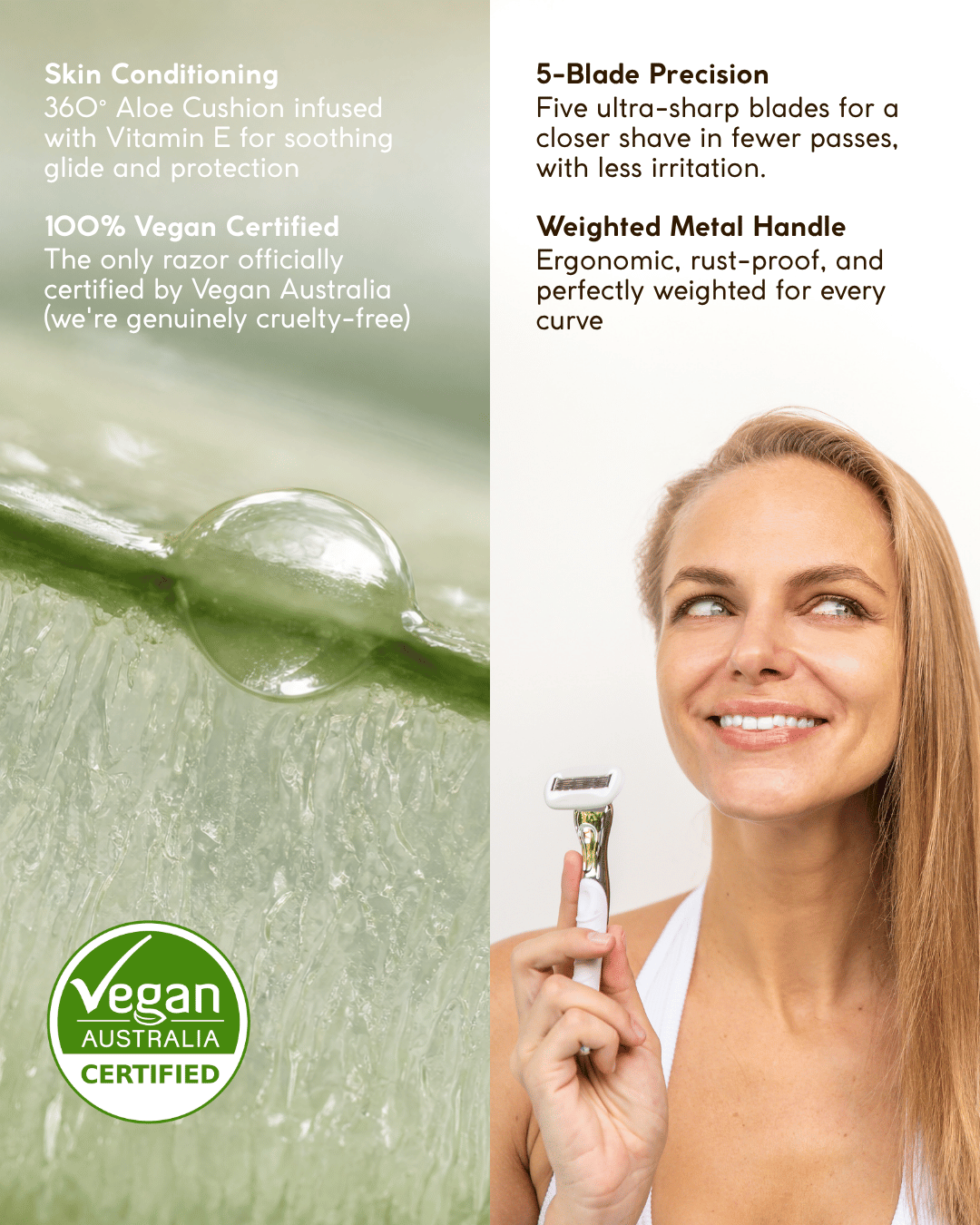A promotional product graphic for a women's razor. The left side features a green close-up of a razor cushion with text about skin conditioning, vegan Australia certification, and a green 'Vegan Australia Certified' logo.The right side shows an image of the reusable razor.