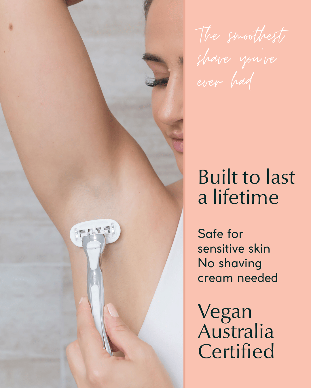 Australian woman using a women's razor on their underarm with promotional text about the product's features.