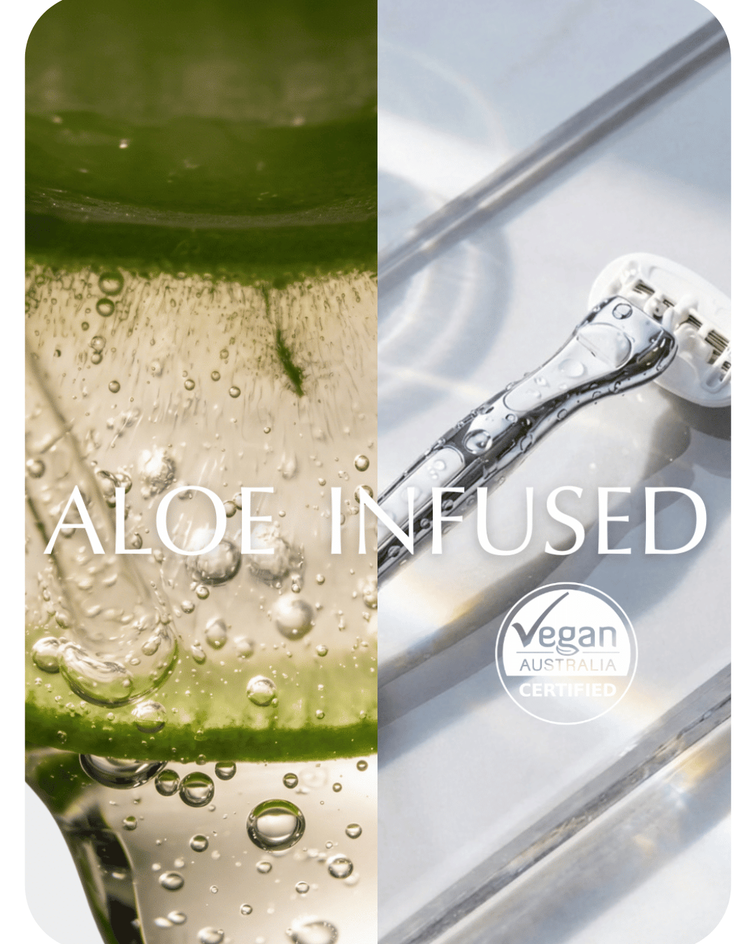 Women's razor with aloe vera, labeled 'Aloe Infused' and 'Vegan Australia Certified'.