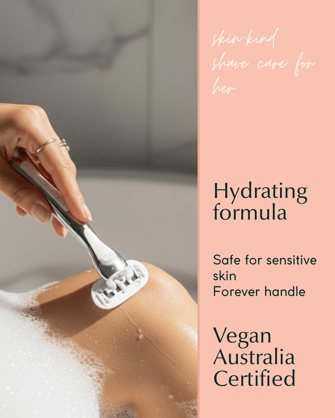 Woman using Make My Shave's womens razor to shave her leg with a focus on skin care and product features.