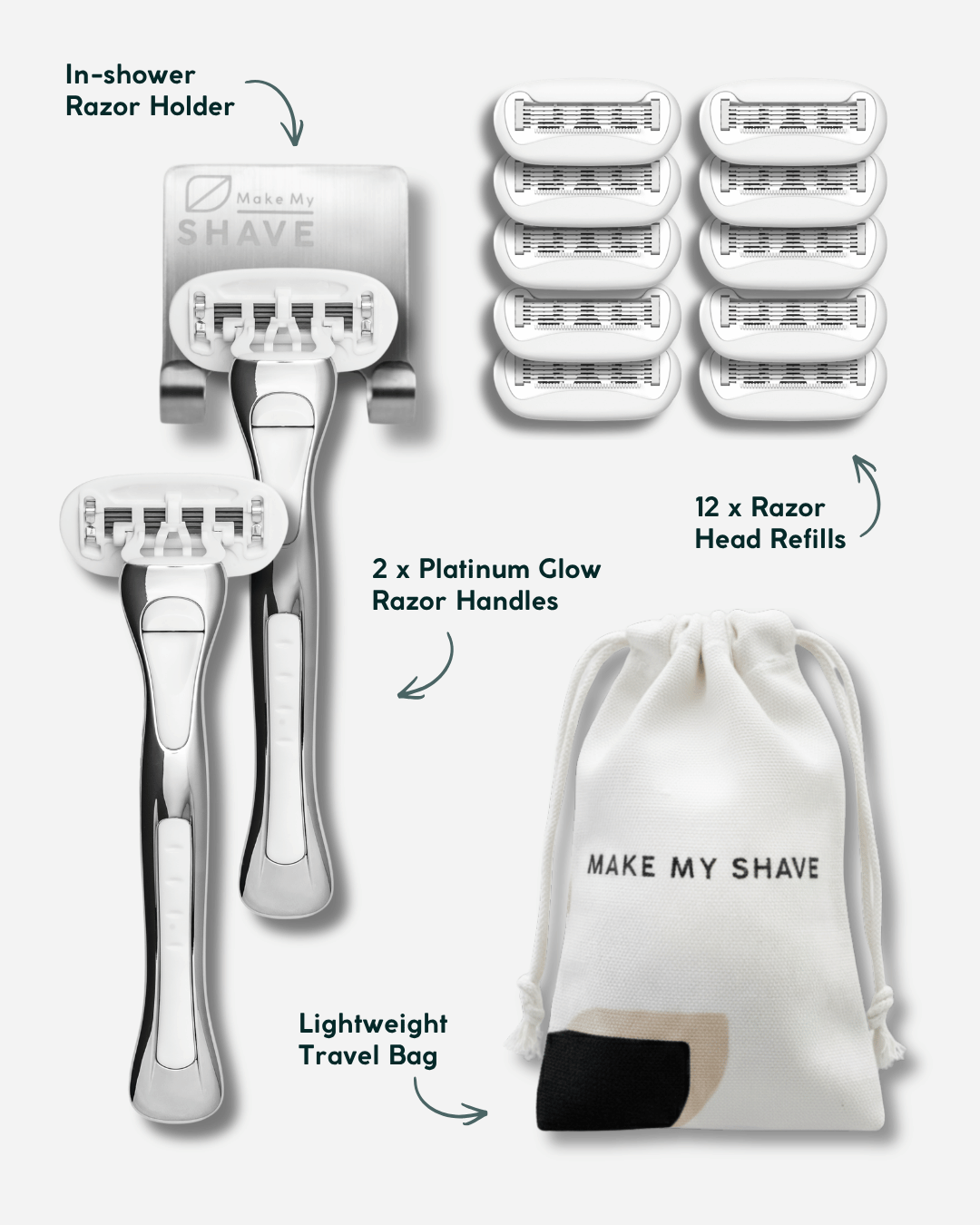 women's shave kit Australia with 2 x women's razors, razor holder, travel bag, and refills on a white background.