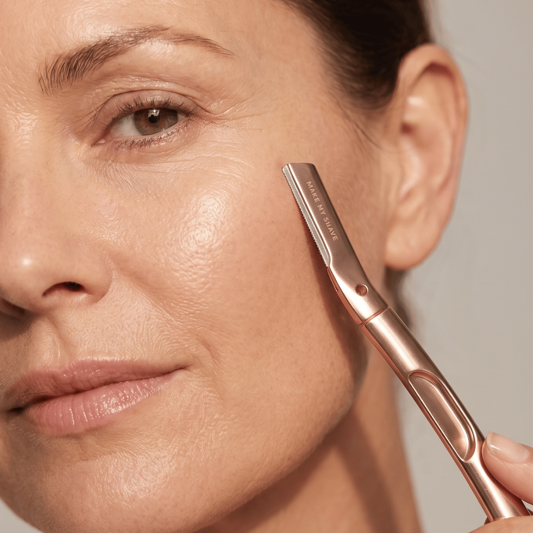 Guide to dermaplaning at home Australia using metal dermaplaning tool in rose gold by Make My Shave