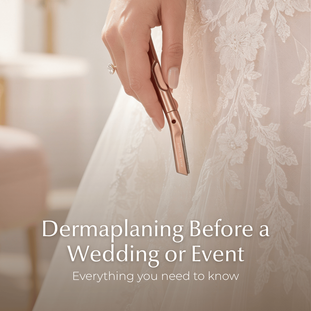 Bride in a lace wedding dress holding a rose gold Make My Shave dermaplaning tool by her side, bridal skin prep, Australia