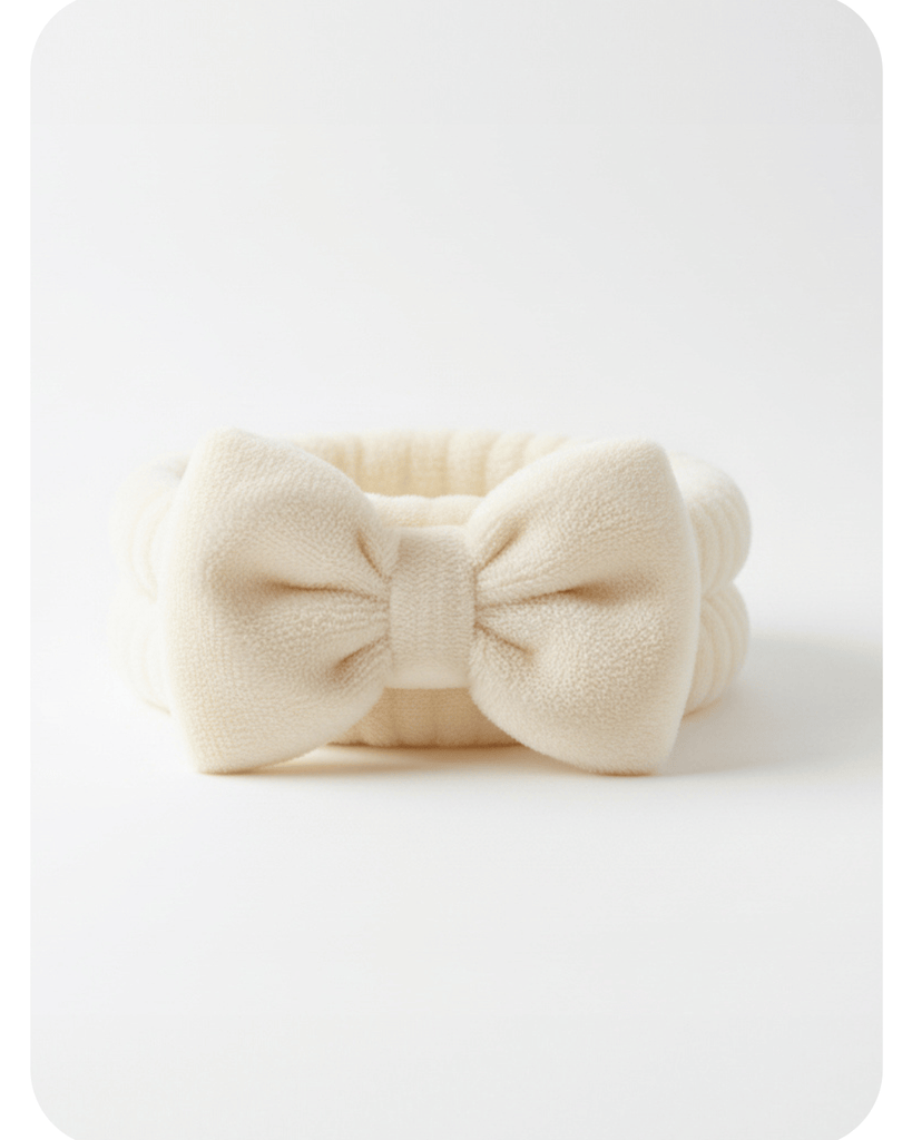 Cream-colored Dermaplane Prep Band headband with a bow on a white background