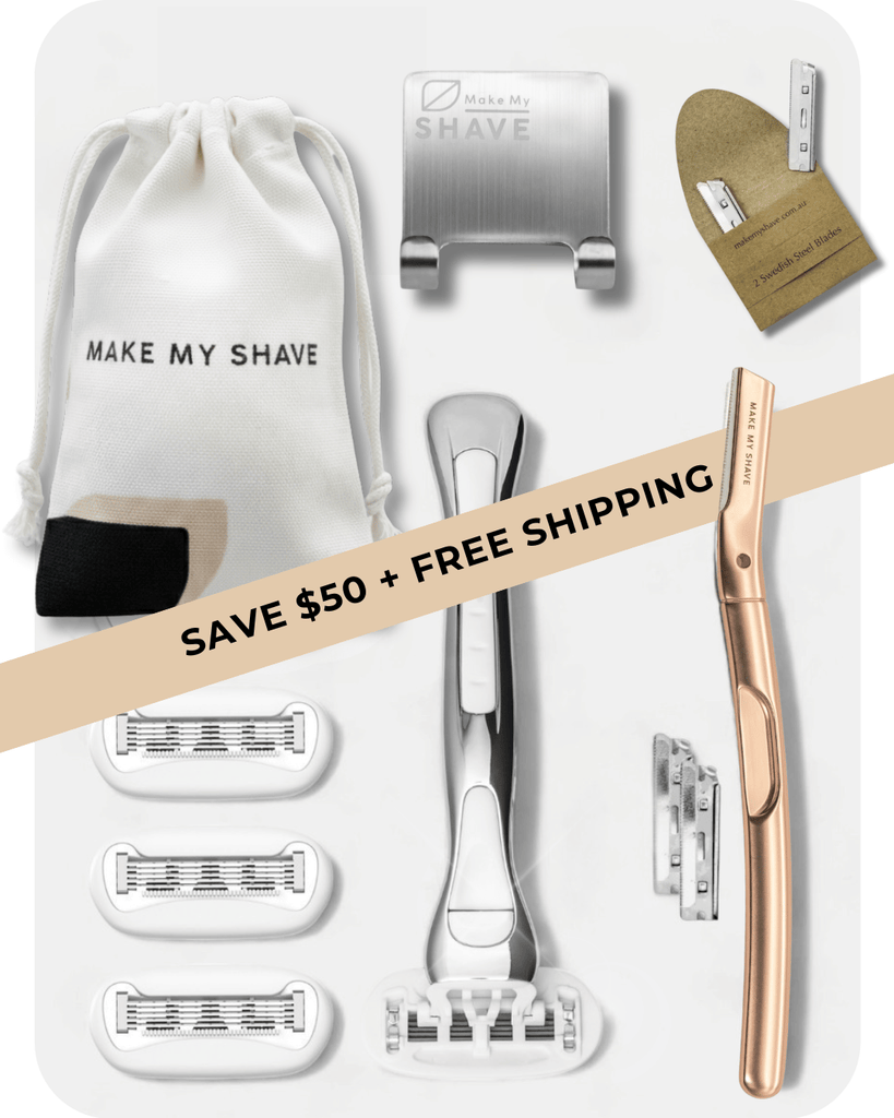 Australia's best women's razor and metal dermaplaning tool in rose gold with razor holder, extra blades and Make My Shave travel bag. On sale for Black Friday. 