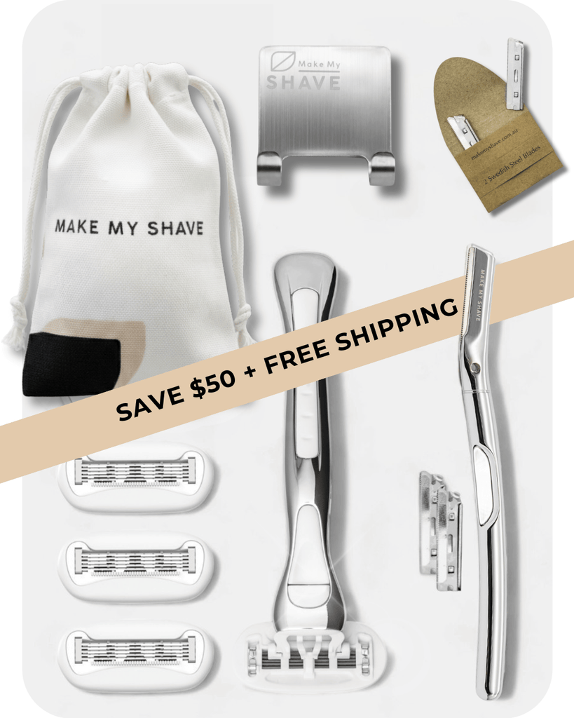 Australia's best women's razor and metal dermaplaning tool in silver with a silver razor holder, extra blades and Make My Shave travel bag. On sale for Black Friday. 