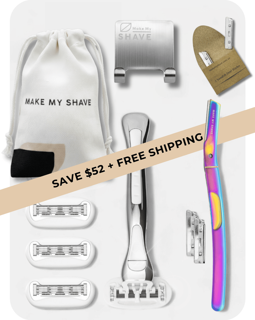 Australia's best women's razor and metal dermaplaning tool in Aurora with razor holder, extra blades and Make My Shave travel bag. On sale for Black Friday. 