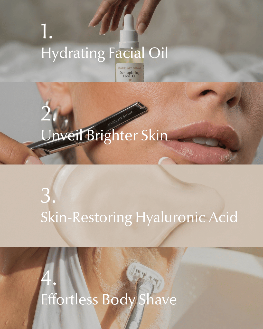 Skincare product display with text indicating steps for skincare routine using body and facial razors