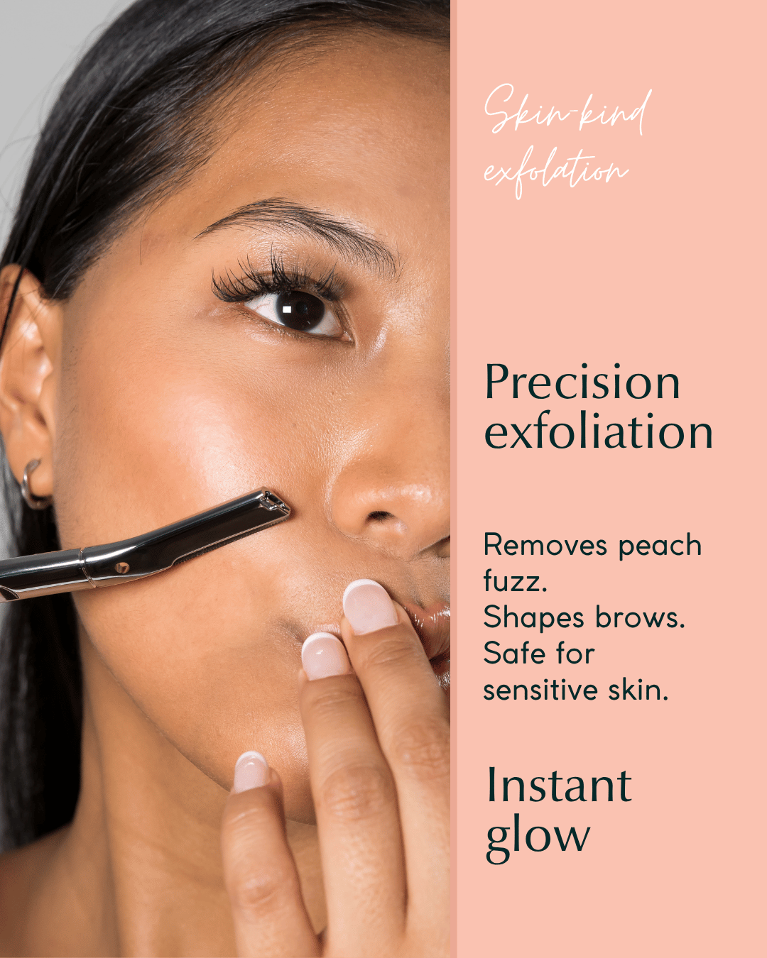 Woman using a metal dermaplaning tool on her face with text about skin care benefits.