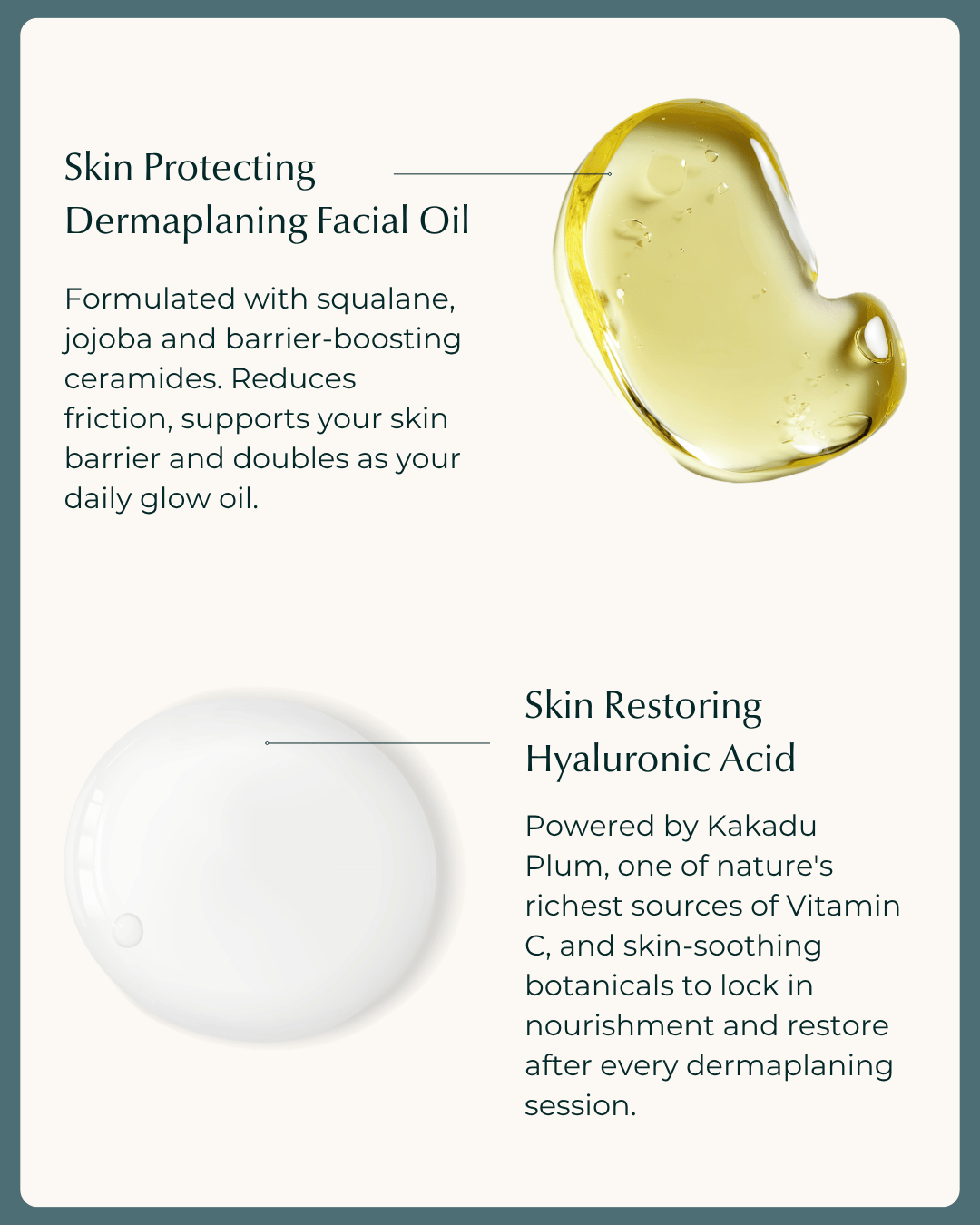 Product description of Skin Protecting Dermaplaning Facial Oil and Skin Restoring Hyaluronic Acid with text and images on a green background.
