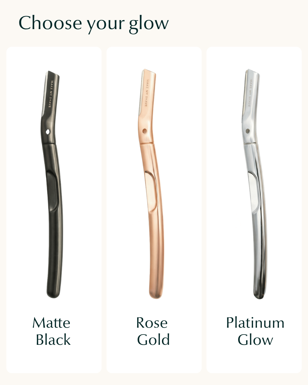 Three dermaplaning razors in black, rose gold and silver dermaplaner on a white background with text 'Choose your glow'.