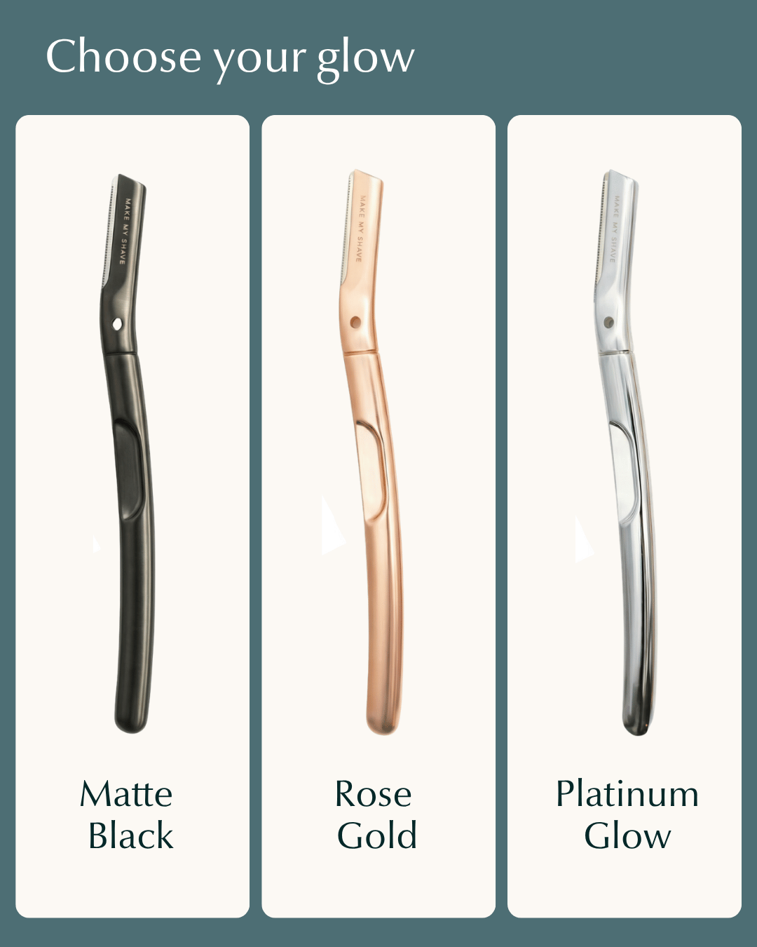 Three reusable metal dermaplaning facial razors by Make My Shave in different colours with labels on a green background.