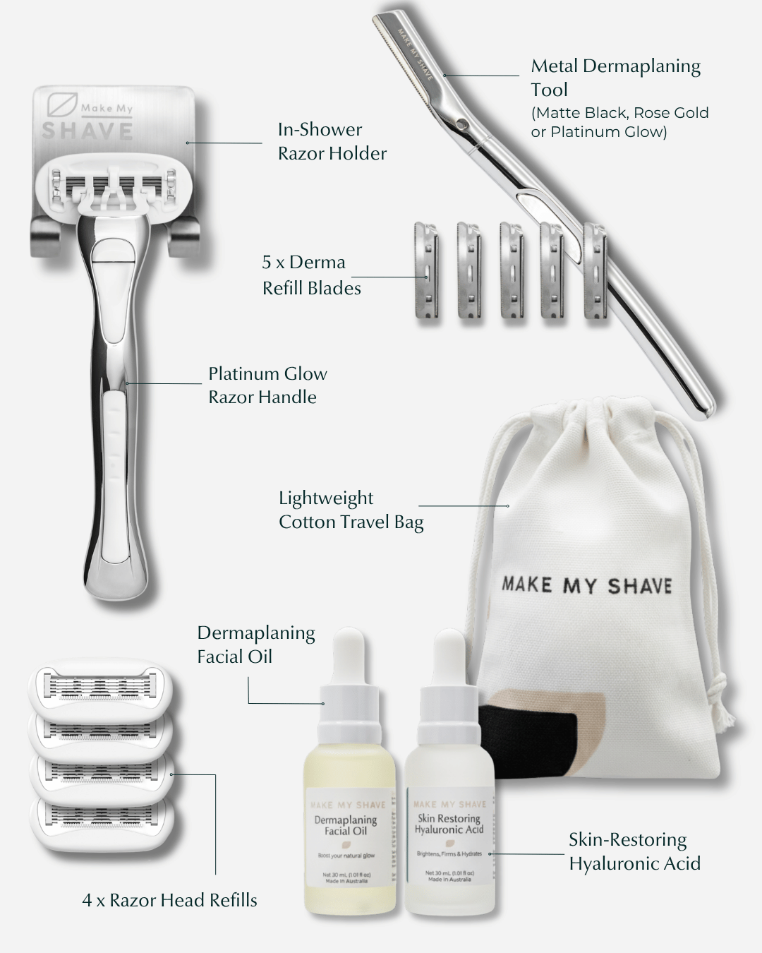 Flatlay of shaving product set with Australia's women's razor, 5-blade reusable razor heads, metal dermaplaning tool, 5 dermaplaning blades, post dermaplaning oils on a white background.