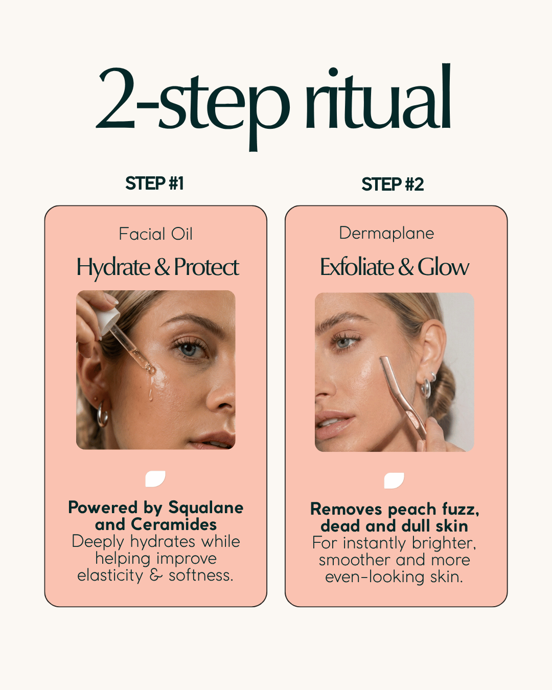 Two-step skincare ritual with dermaplaning facial oil and metal dermaplaner  on a white background