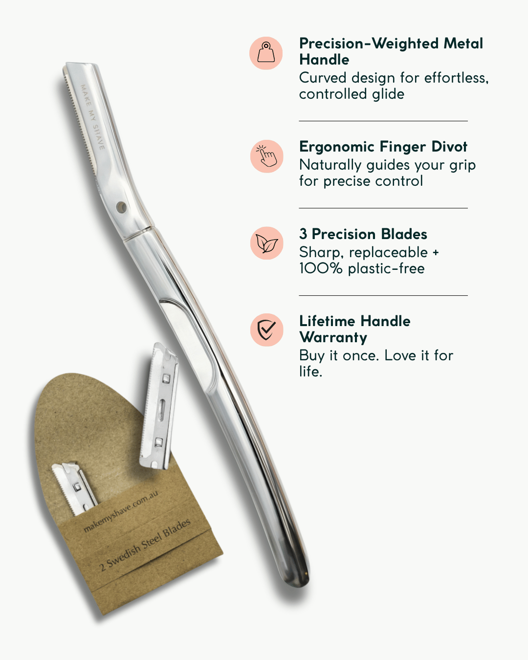 A silver metal dermaplaner with a curved handle and three replaceable blades, shown alongside eco-friendly packaging. The image includes four feature callouts with icons on the right side: precision-weighted metal dermaplaning handle, ergonomic finger divot, 3 precision derma blades, and lifetime handle warranty.