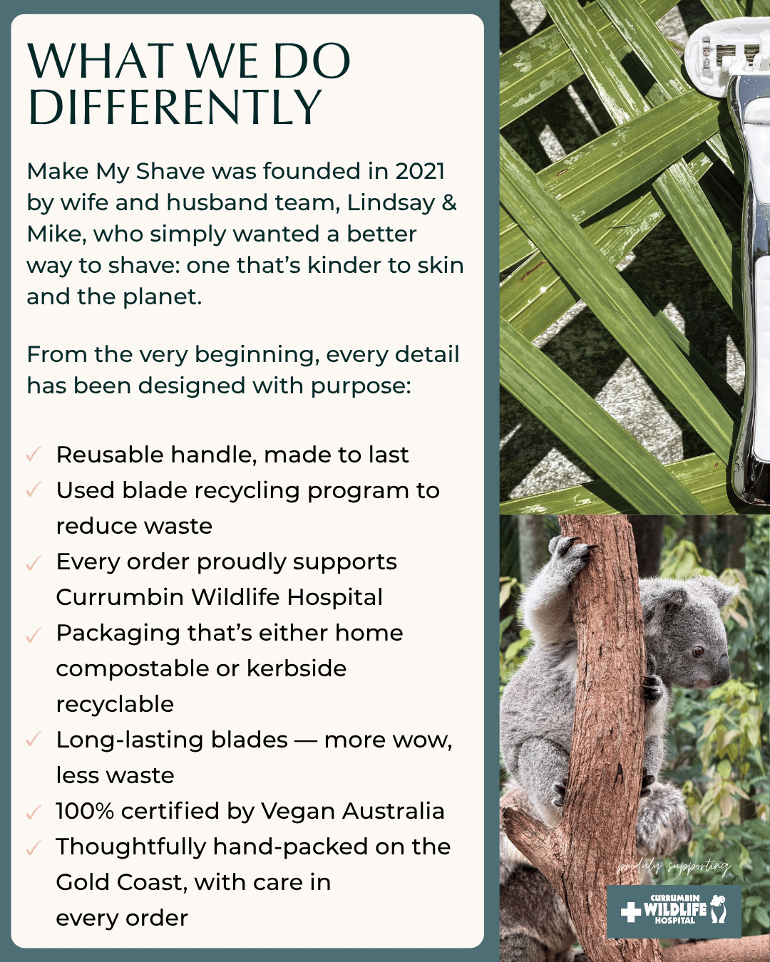 Women's Razor Australia card with a koala image and text about the brand's mission and sustainability shaving features. 