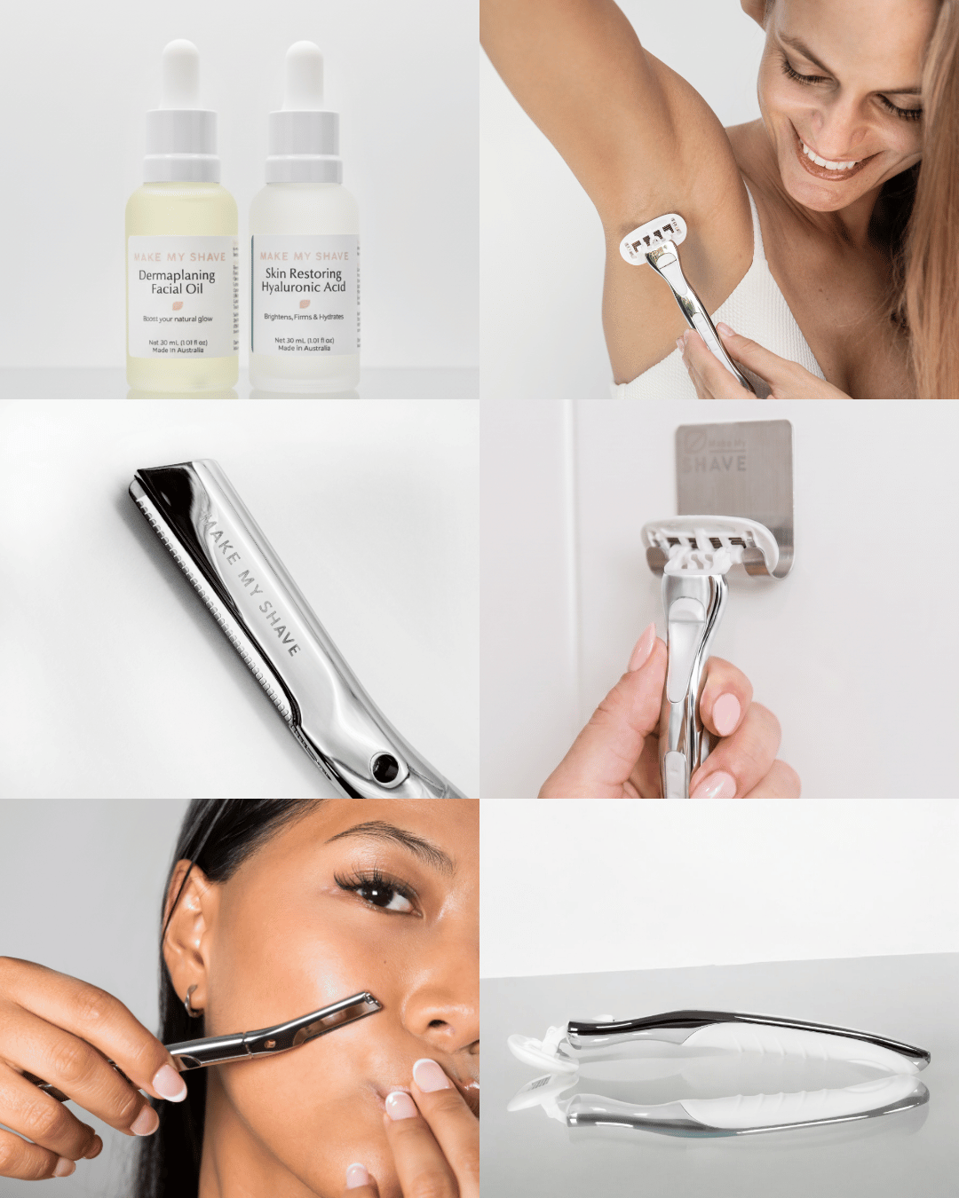 Collage of skincare products, women's razors, and reusable dermaplaning  tools on a white background.