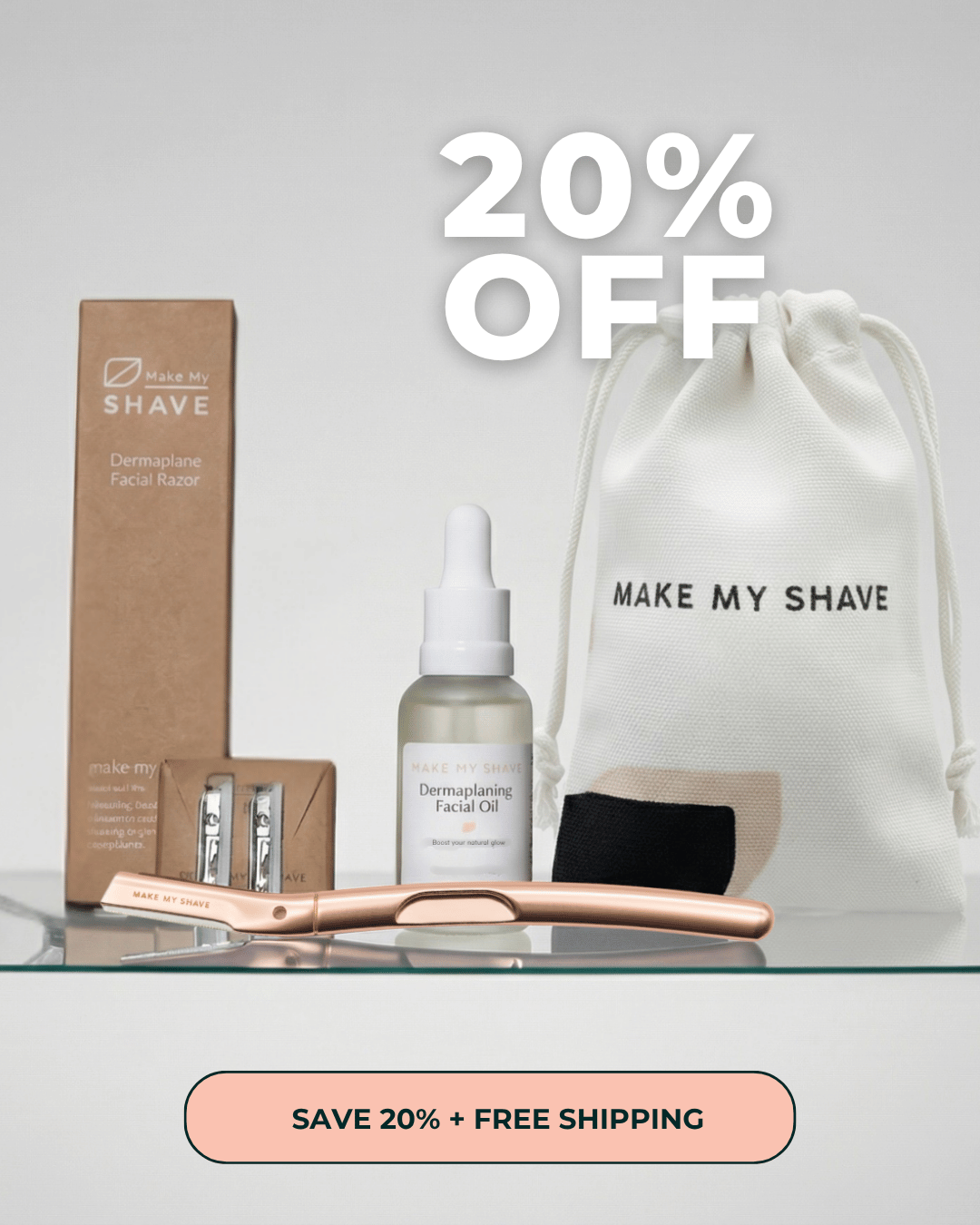 Make My Shave dermaplaning and facial oil set with cotton bag on a grey background with promotional text.