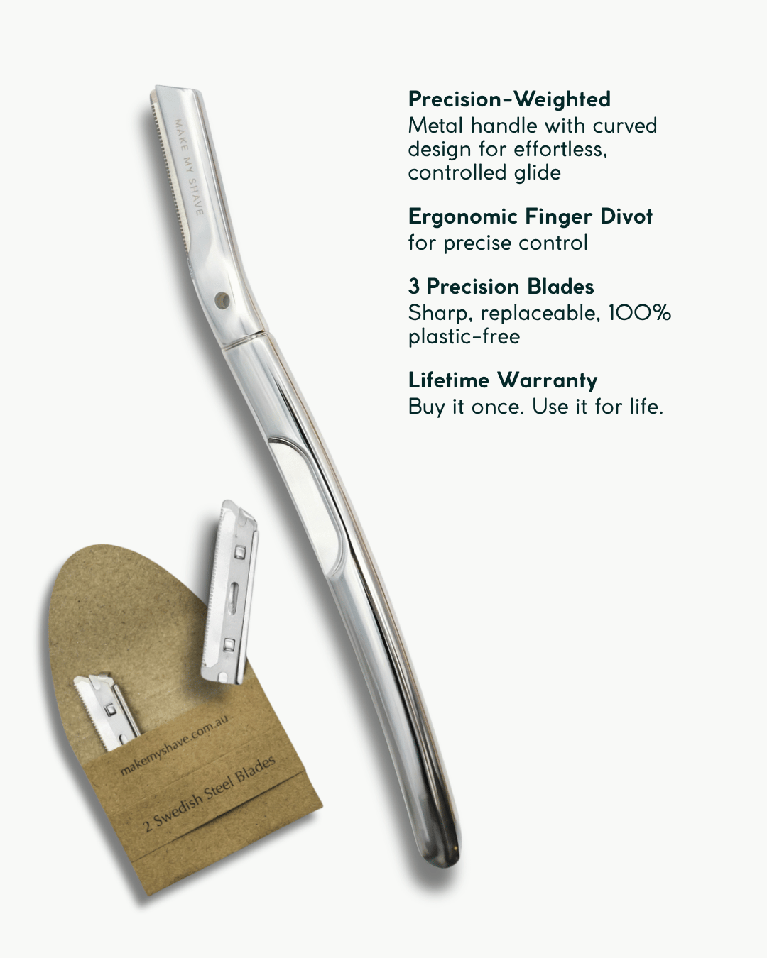 A silver metal dermaplaning tool with a curved handle and metal replacement blades, shown on a light grey background with descriptive text callouts including weighted metal razor handle and lifetime warranty 