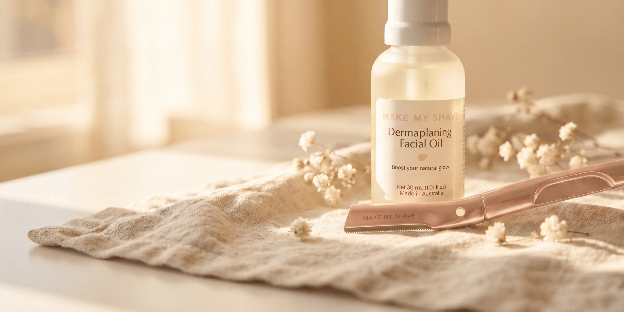 Australia's best dermaplaning tool and women's razor by Make My Shave in a warm setting with travel bag, facial oil and eco-friendly packaging. 