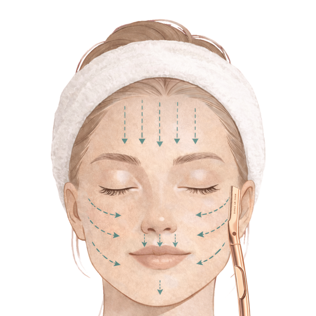 Illustration of a woman's face with arrows indicating how to dermaplane your face at home using a facial razor