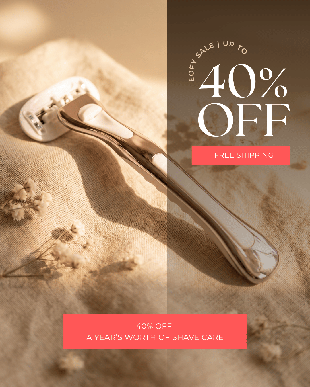 Shaving razor on a textured surface with promotional text overlay