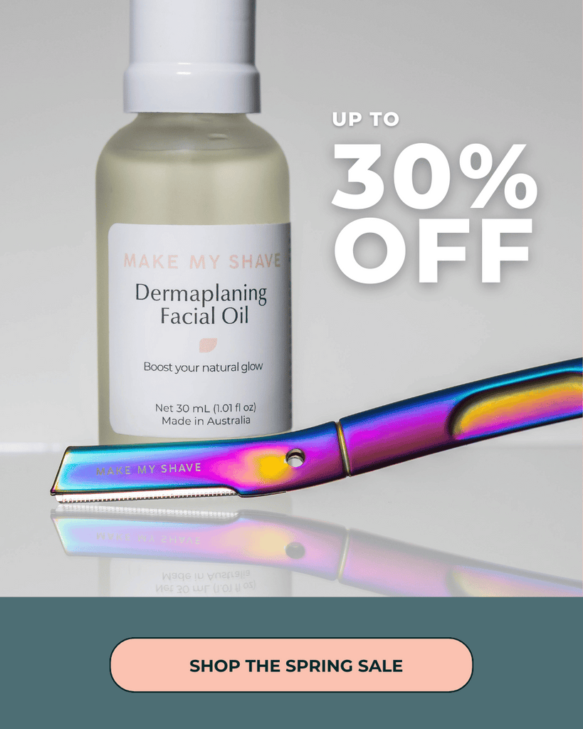 Make My Shave best at-home dermaplaning tool and facial oil on a light gray background and shop now button 
