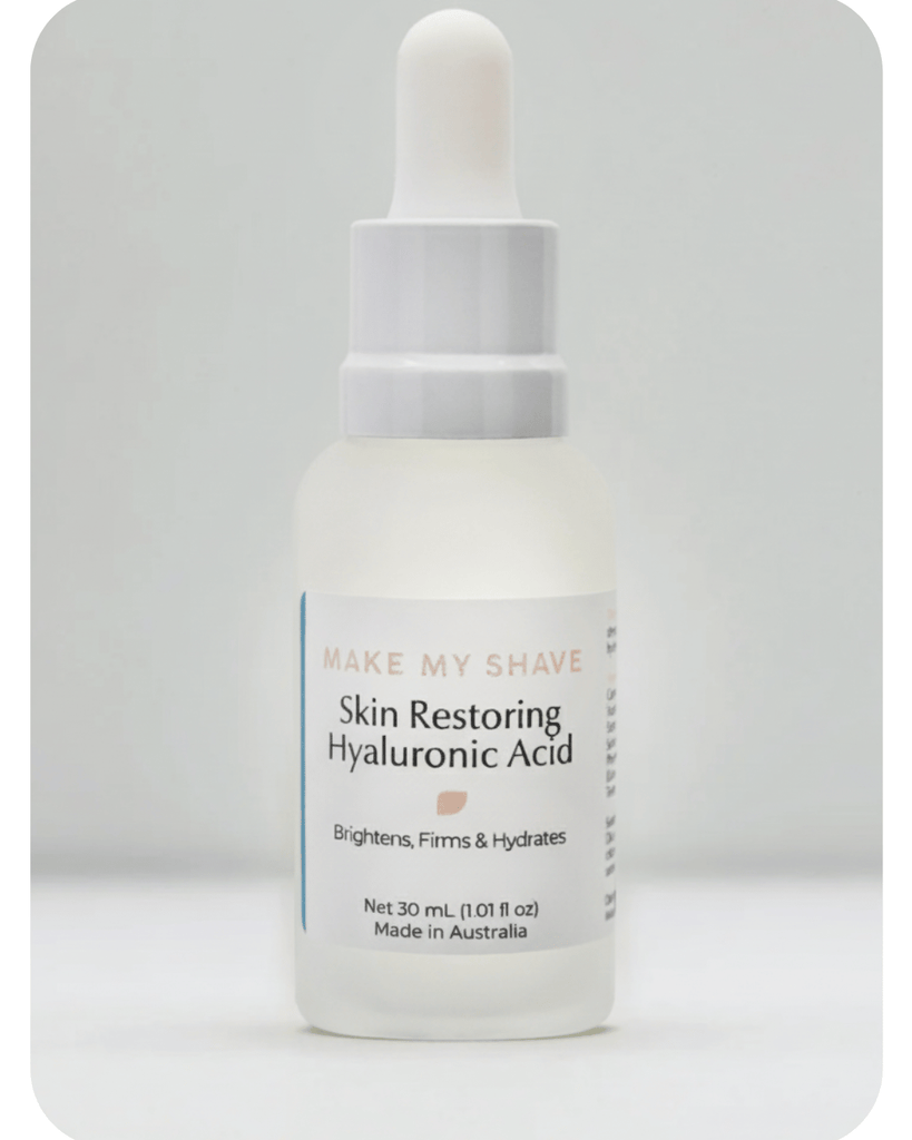 Skincare dropper bottle labeled 'Hyaluronic Acid Make My Shave' on a white background