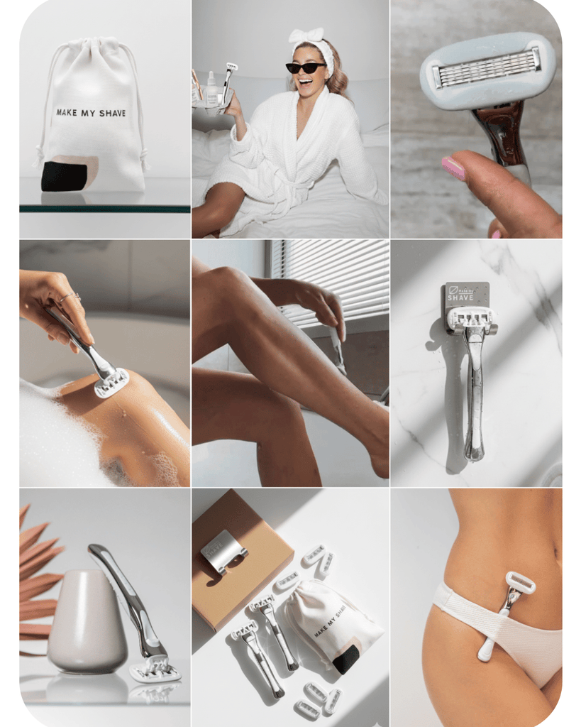 Collage of the best women's razor and its use, including a bag labeled 'Make My Shave', a person in a robe, and close-ups of the product.