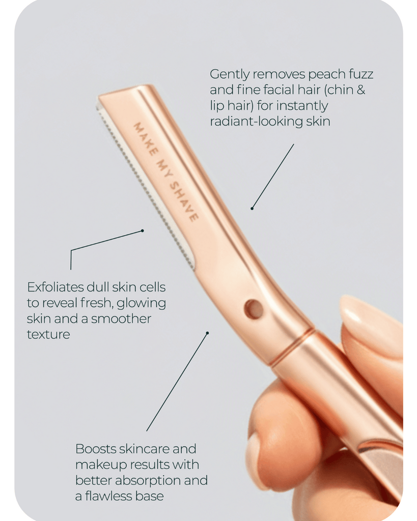Rose gold facial razor by Make My Shave, Australia. Shows the benefits of dermaplaning
