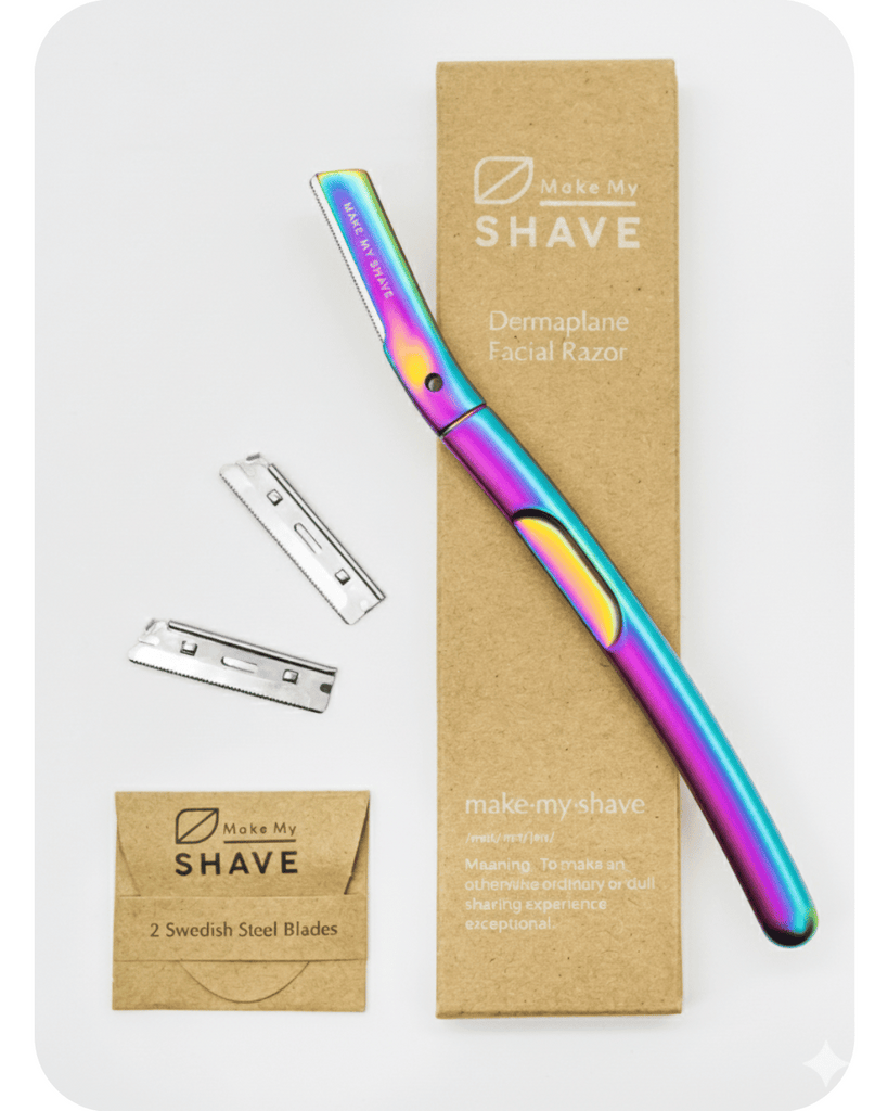 Make My Shave dermaplaning tool with sustainable packaging and facial razor blades on a white background