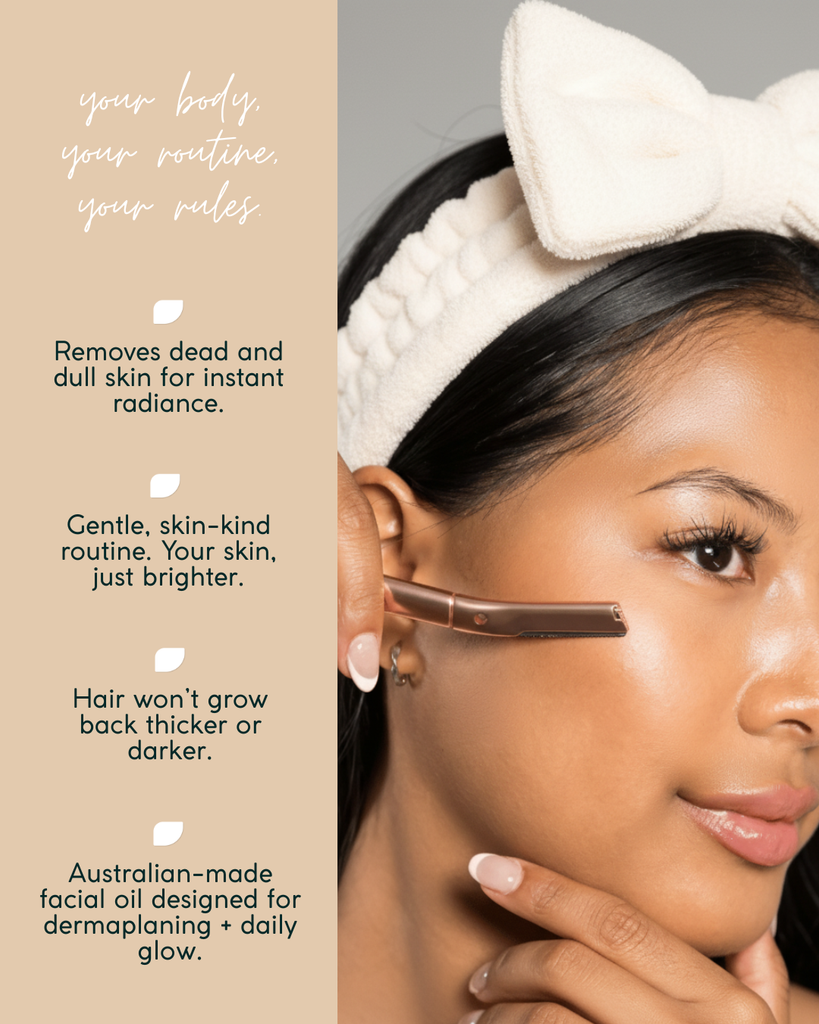 Woman using a dermaplaning tool with product description on the side.