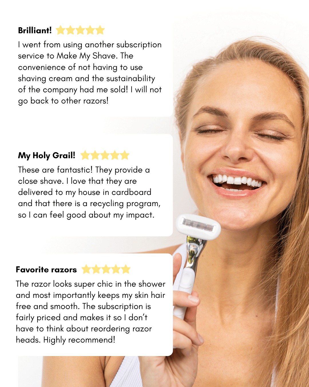 Woman holding a women's razor with positive reviews of Make My Shave displayed on a white background