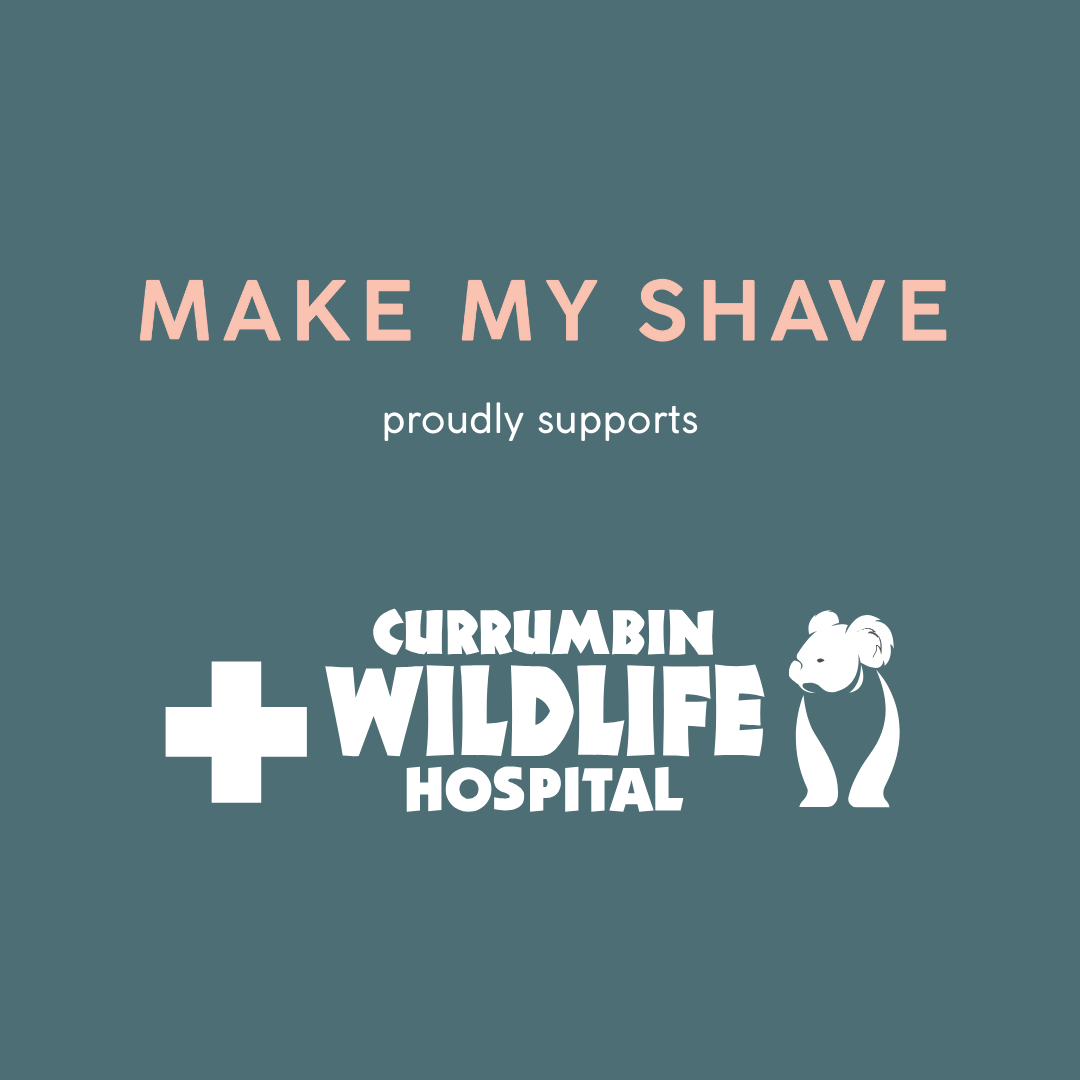 Promotional graphic for Currumbin Wildlife Hospital with text 'Make My Shave' on a teal background.
