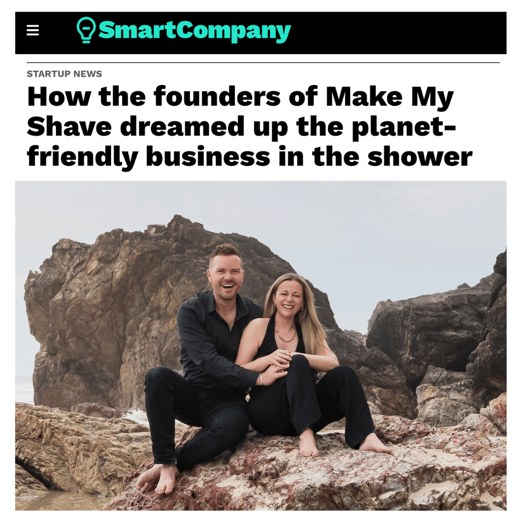 Newspaper article with a headline about Make My Shave founders of the best dermaplaning tools and women's razors, and a photo of two people sitting on rocks. 